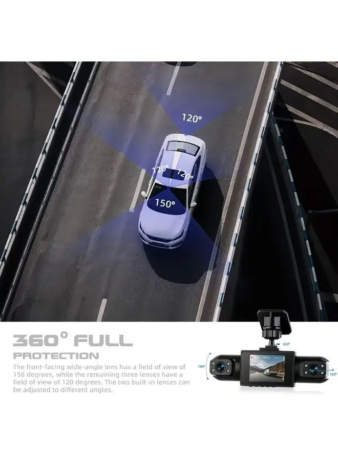 كاميرا داش رباعية القنوات 360 درجة رؤية بانورامية 3 عدسات بدون بطاقة أمامية خلفية يسار يمين الكاميرات - Image 2